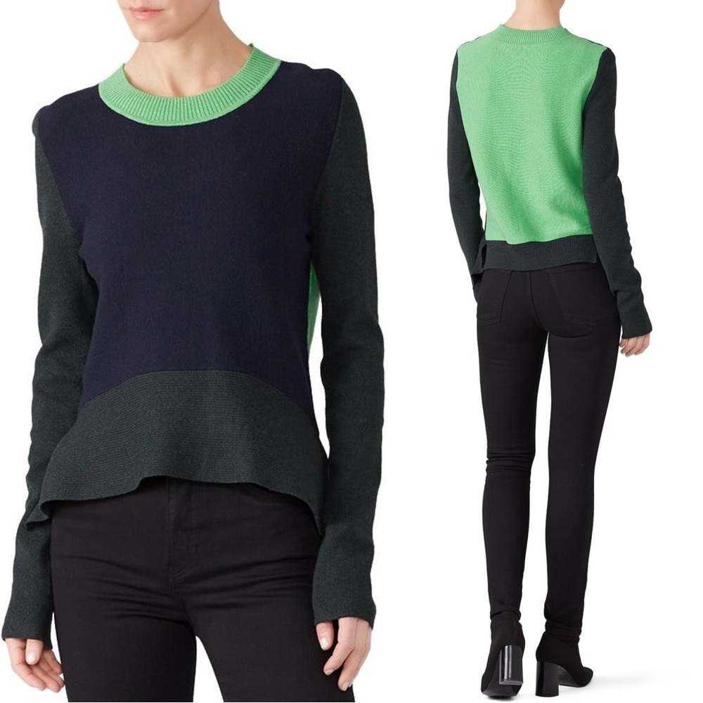Tome Three Tone Merino Wool Blend Colorblock Sweater Size Small Navy Gray Lime
